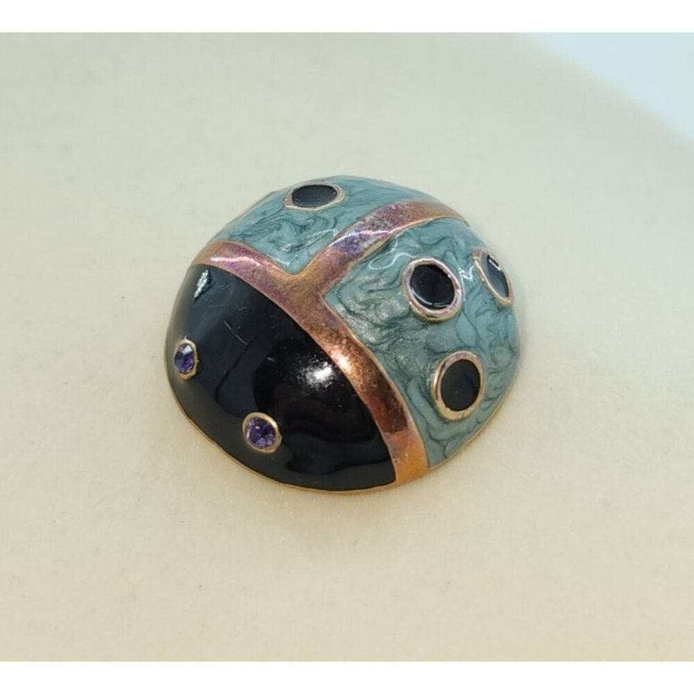 Unbranded Domed Lady Bug Brooch Gold Tone Blue Marbled Enamel Rhinestoneβ Eyes